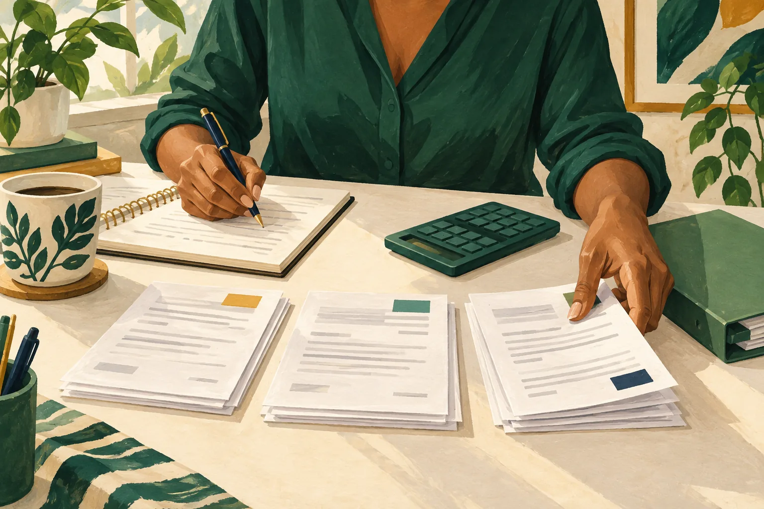 Ilustração de mãos organizando contas, documentos e anotações com uma calculadora.