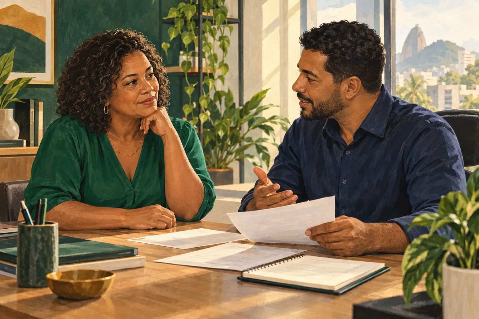 Ilustração de uma conversa acolhedora sobre organização financeira e orientação.